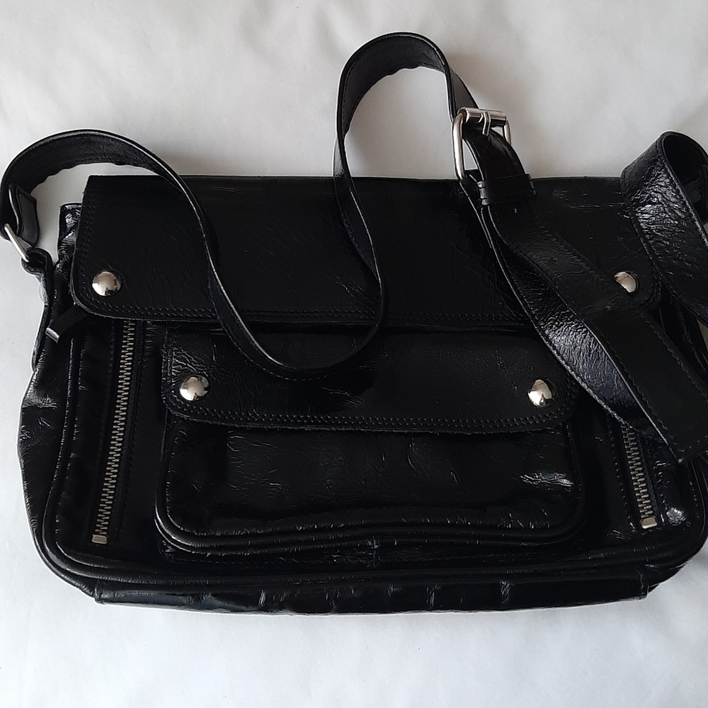 Black Moto Patent Leather & Suede Bag From Italy